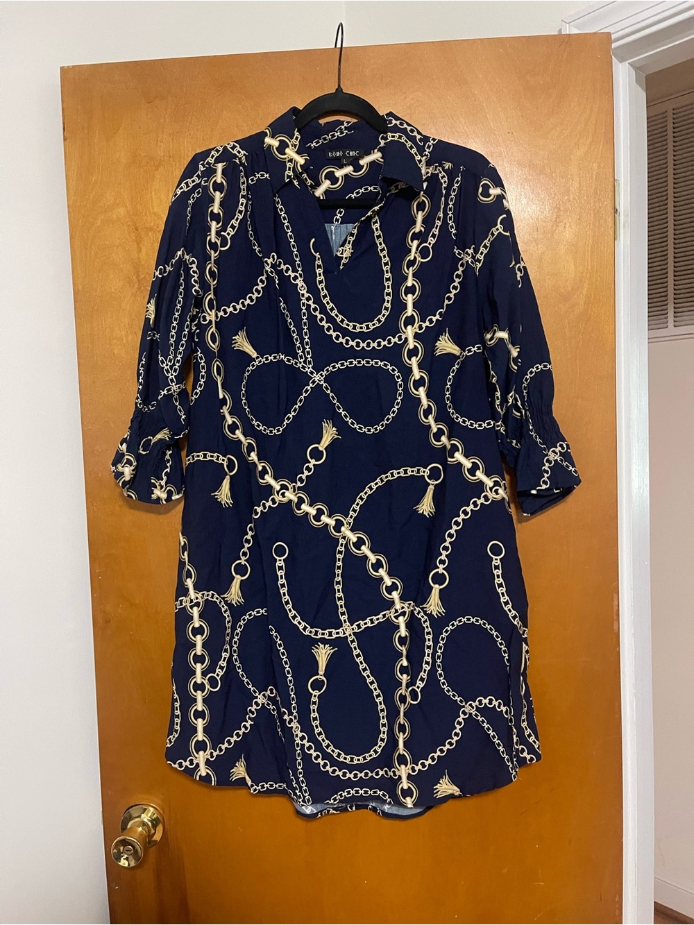 Boho Chic Navy Chain-Print Collared Dress